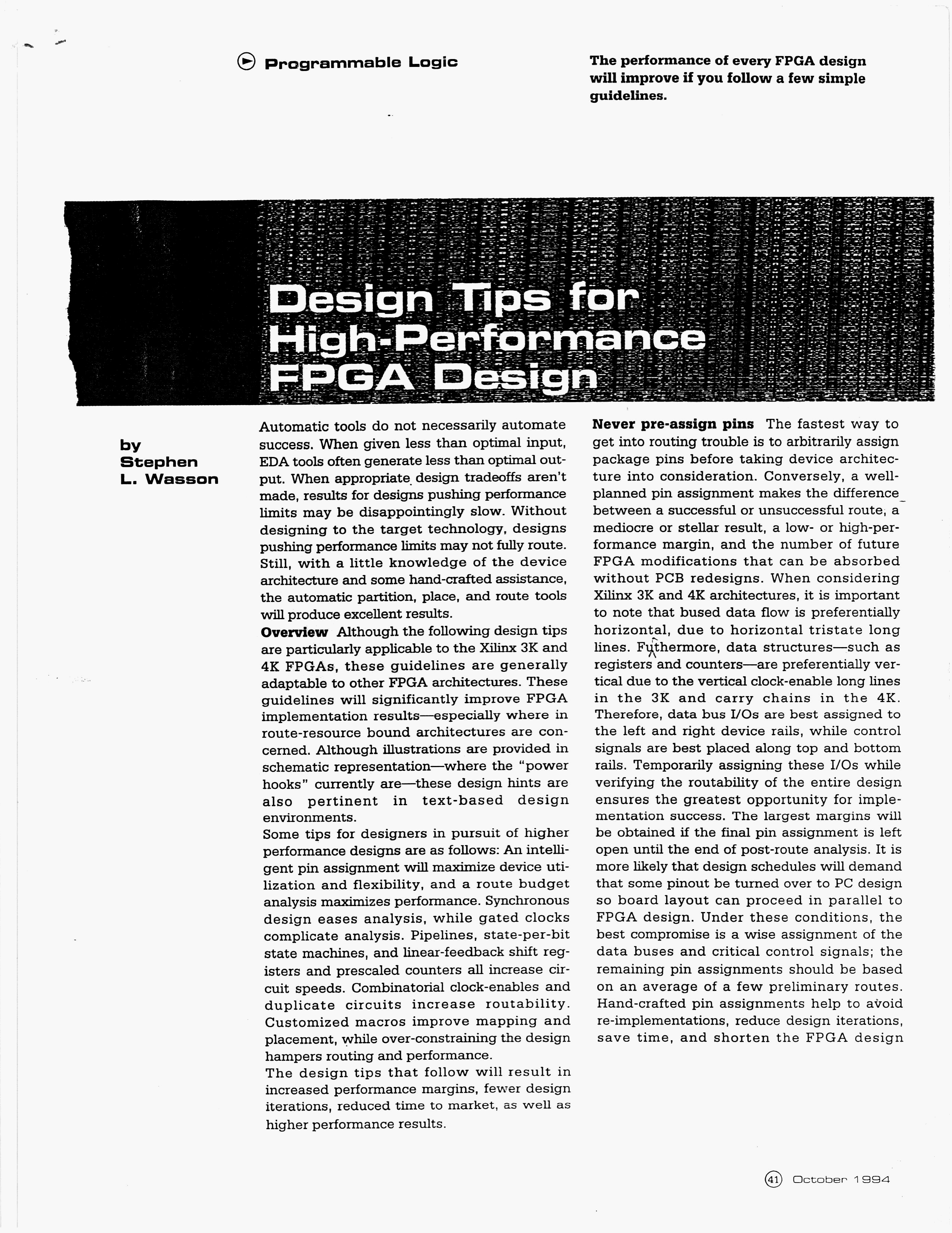 * Design Tips for High-Performance FPGA Design, Stephen Wasson, October 1994, ASIC & EDA page 1 *